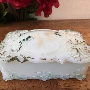 Victorian Milk Glass Trinket Box – Hand-Painted Floral Scroll Design